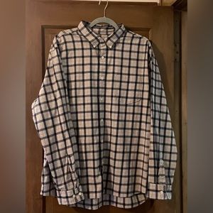 Gray button down with plaid navy blue and red colors